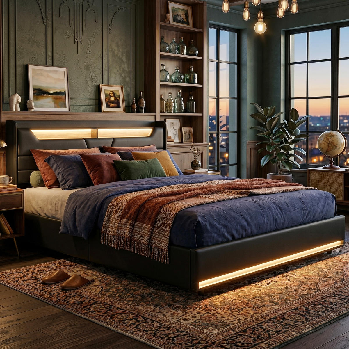 POLSTERBETT Schwebe-Optik 160/200 cm mit Bettkasten Dual-LED Kunstleder Schwarz - Schwarz, Textil (160/200cm) - Creahappy