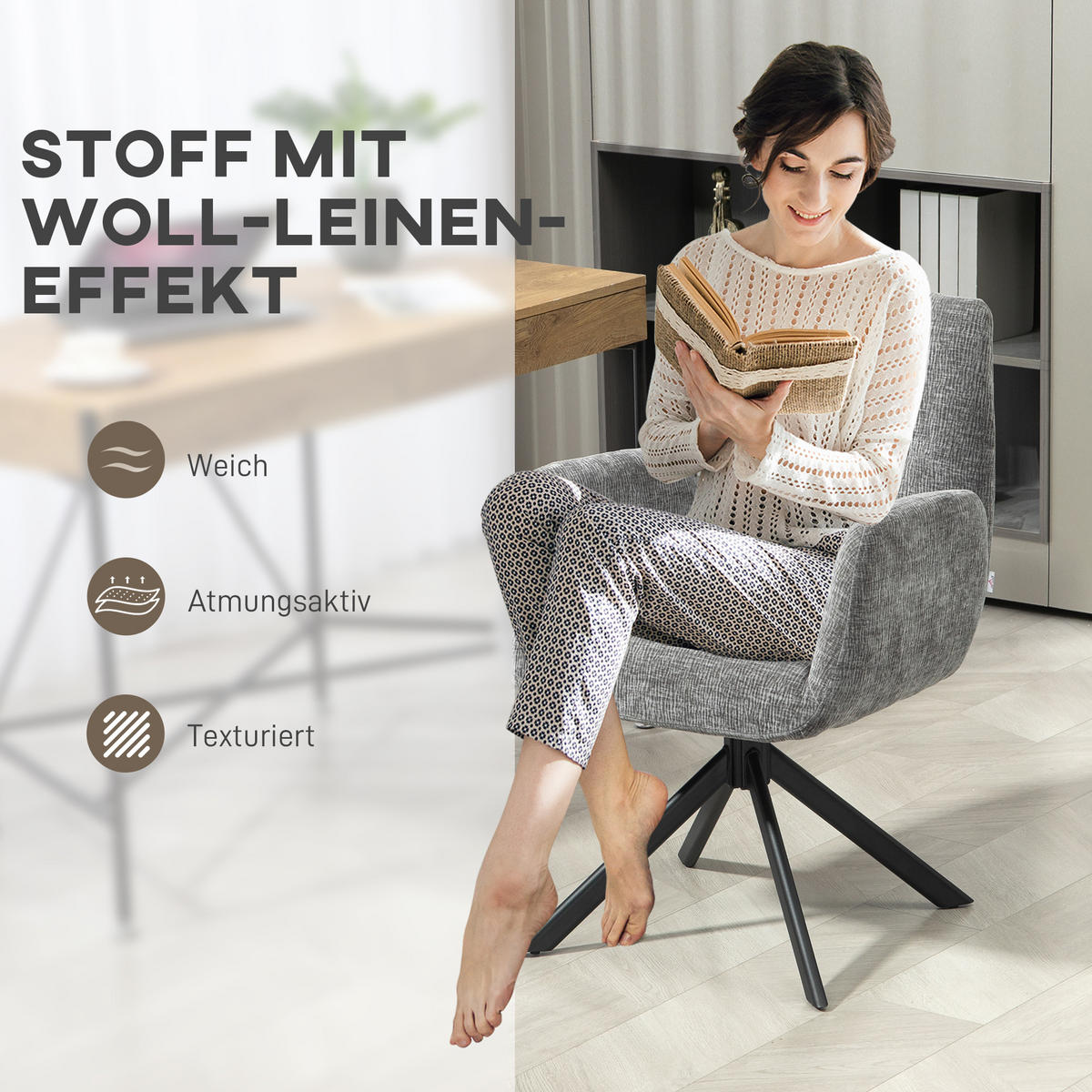 SESSEL Drehbar Loungesessel mit Armlehne, Wolle-Leinenoptik, Dunkelgrau - Dunkelgrau, Kunststoff (61/88/60cm) - HOMCOM