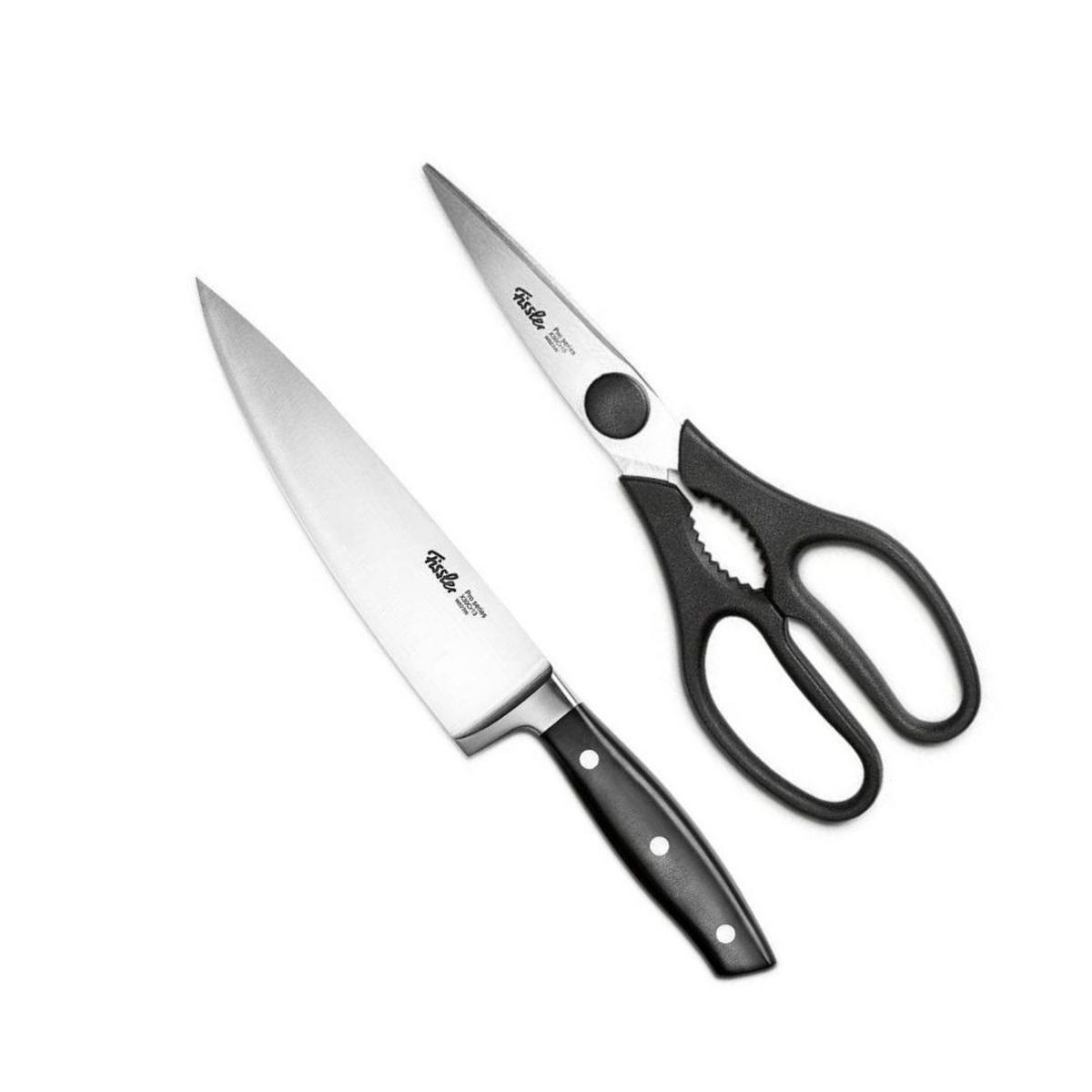 KÜCHENMESSER SET 2-tlg Schwarz, Kochmesser 190 mm, Küchenschere, Edelstahl, Schneidemesser, Küchenzubehör, Profi Messer, Klingenstahl, Kochbedarf - Silberfarben/Schwarz, Kunststoff/Metall - Fissler