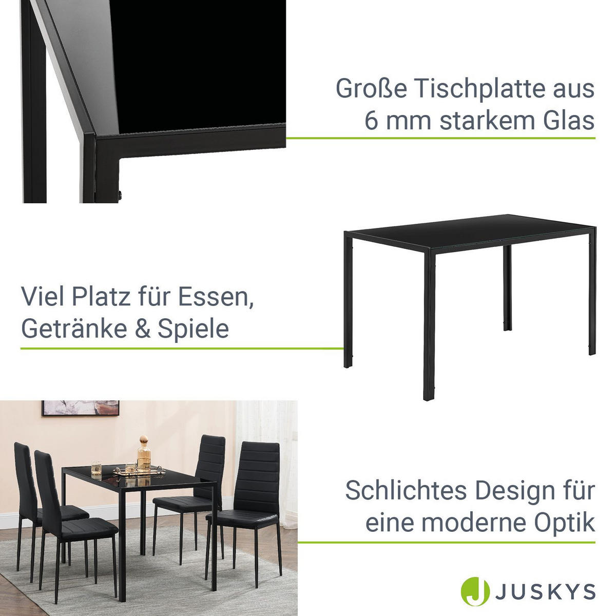 ESSGRUPPE Dalya mit Tisch und 4 Stühlen - Schwarz, Metall (70/75/120cm) - Juskys