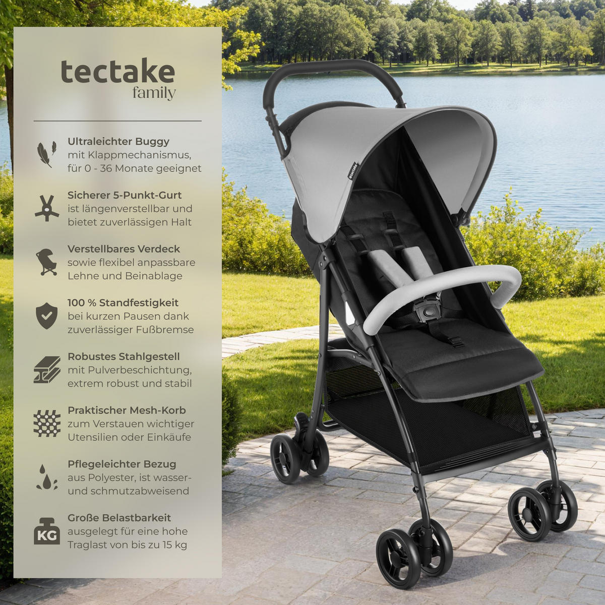 BUGGY Kinderwagen Emma,für 0 bis 36 Monate geeignet, Belastbarkeit 15 kg,schwarz/grau - Schwarz/Grau, Metall (86/45.5/97cm) - tectake