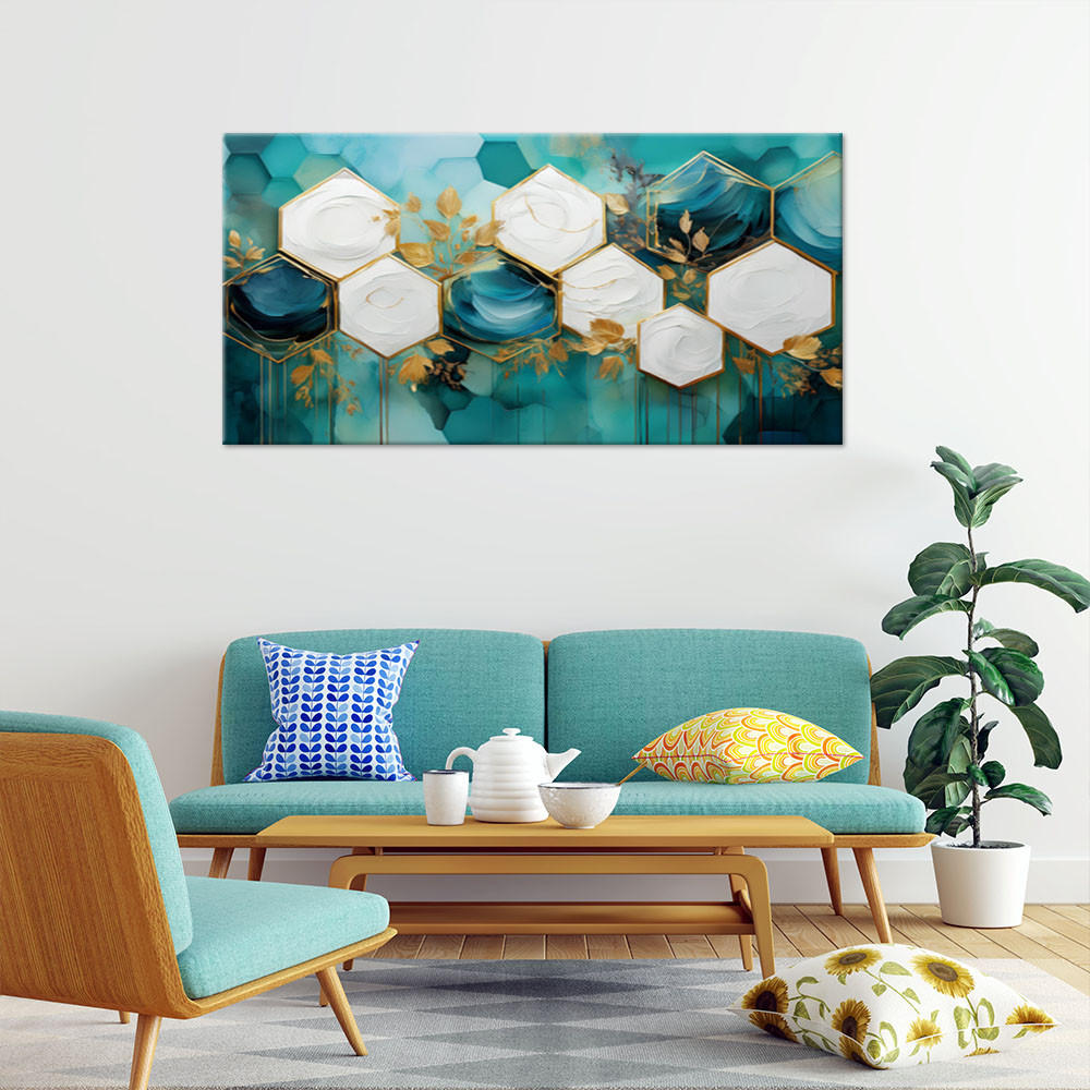 WANDBILD sechseckiges abstraktes türkis - Türkis, Textil (80/40cm) - Feeby
