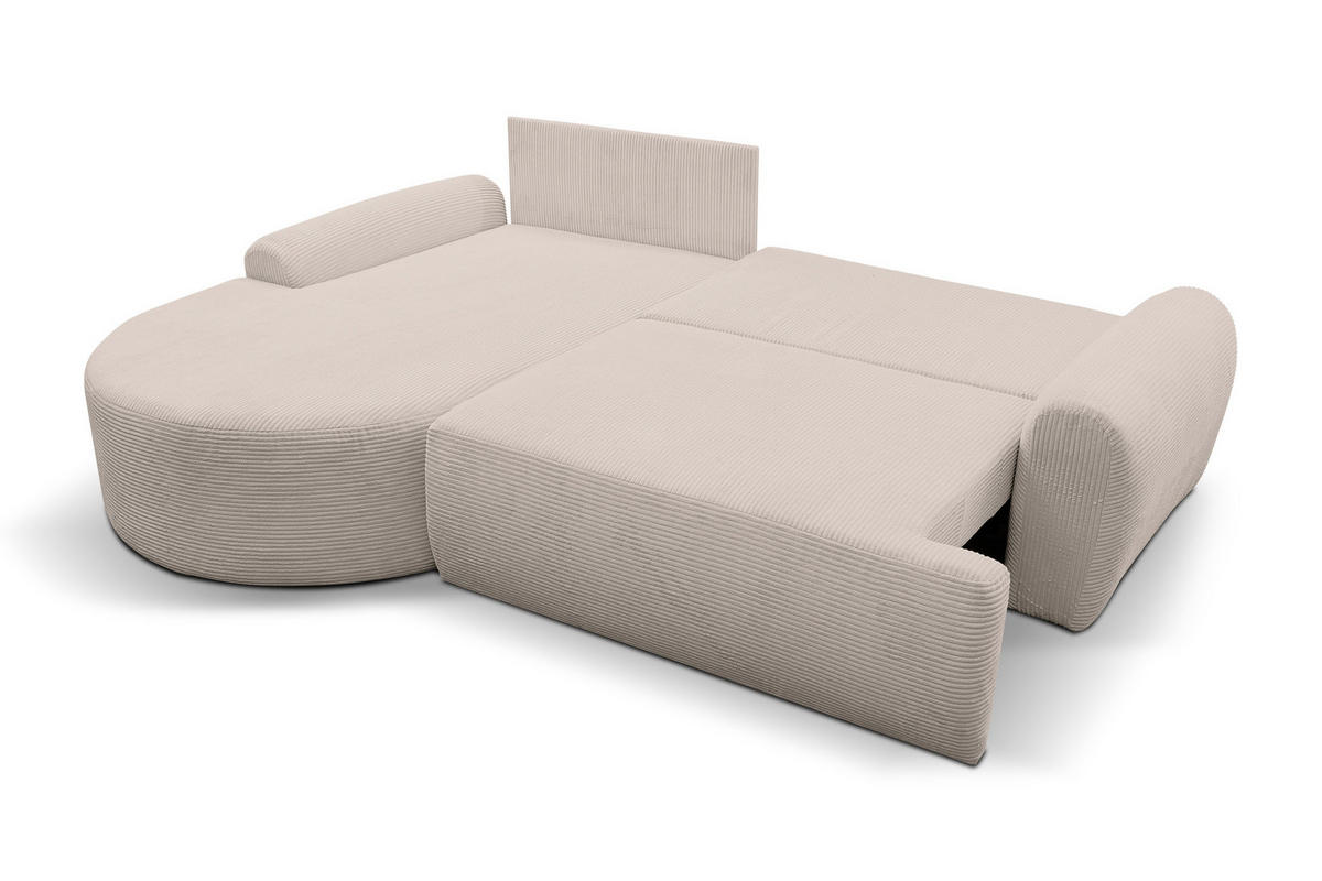 ECKSOFA Dream Cord in L-Form mit Schlaffunktion und Bettkasten, Farbe: Beige, Cordstoff, Ottomane Links - Beige, Textil (136/260cm) - VENASI MÖBEL