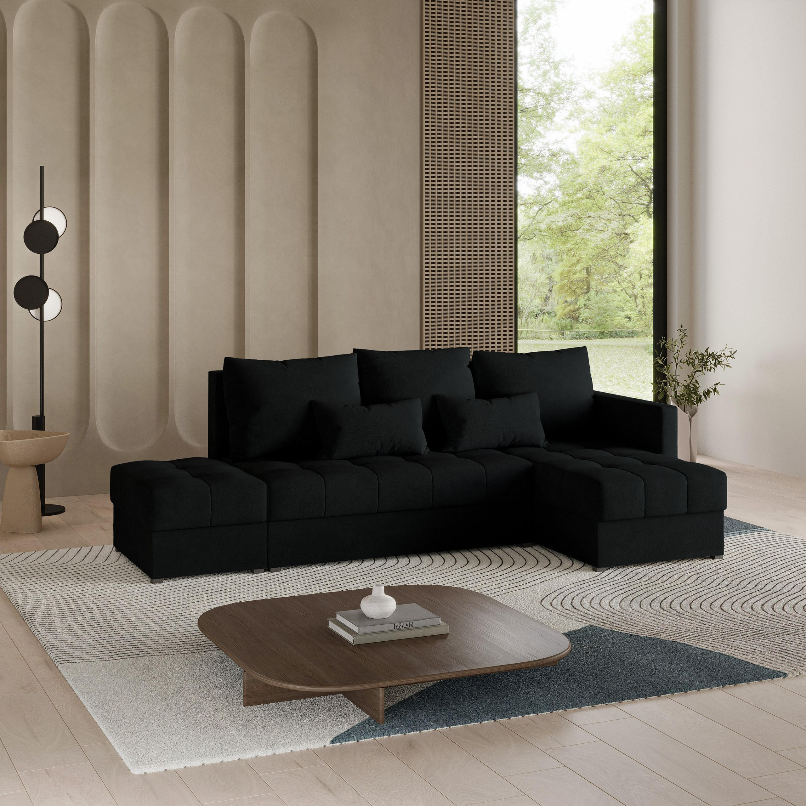 ECKSOFA LUMARI R-S Schwarz Plüsch-Stoff mit Schlaffunktion - Schwarz, Holz (262/143cm) - MASSENO
