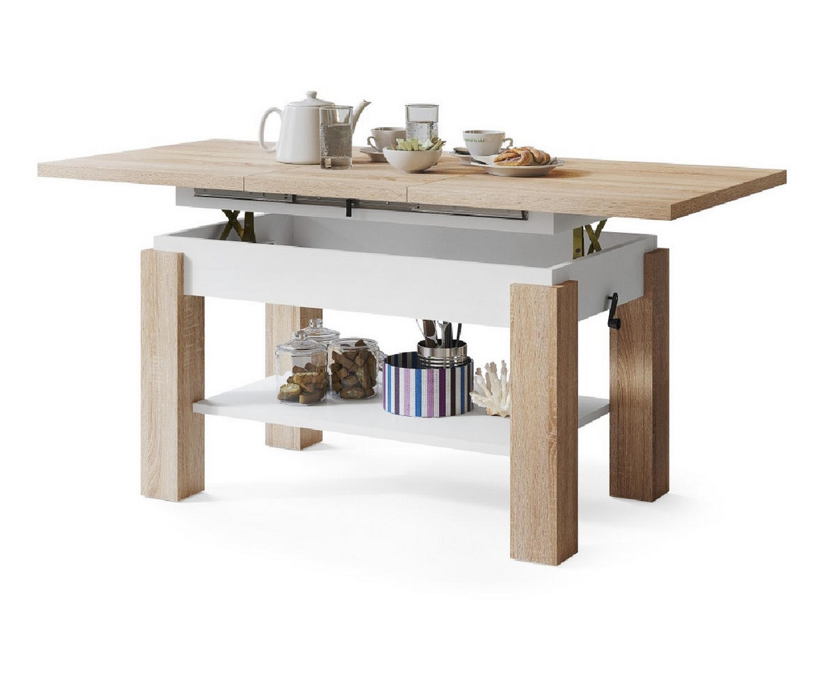 COUCHTISCH rechteckig Sonoma Eiche - Weiß ausziehbar höhenverstellbar - Weiß/Sonoma Eiche, Holzwerkstoff (68/110/59cm) - designimpex