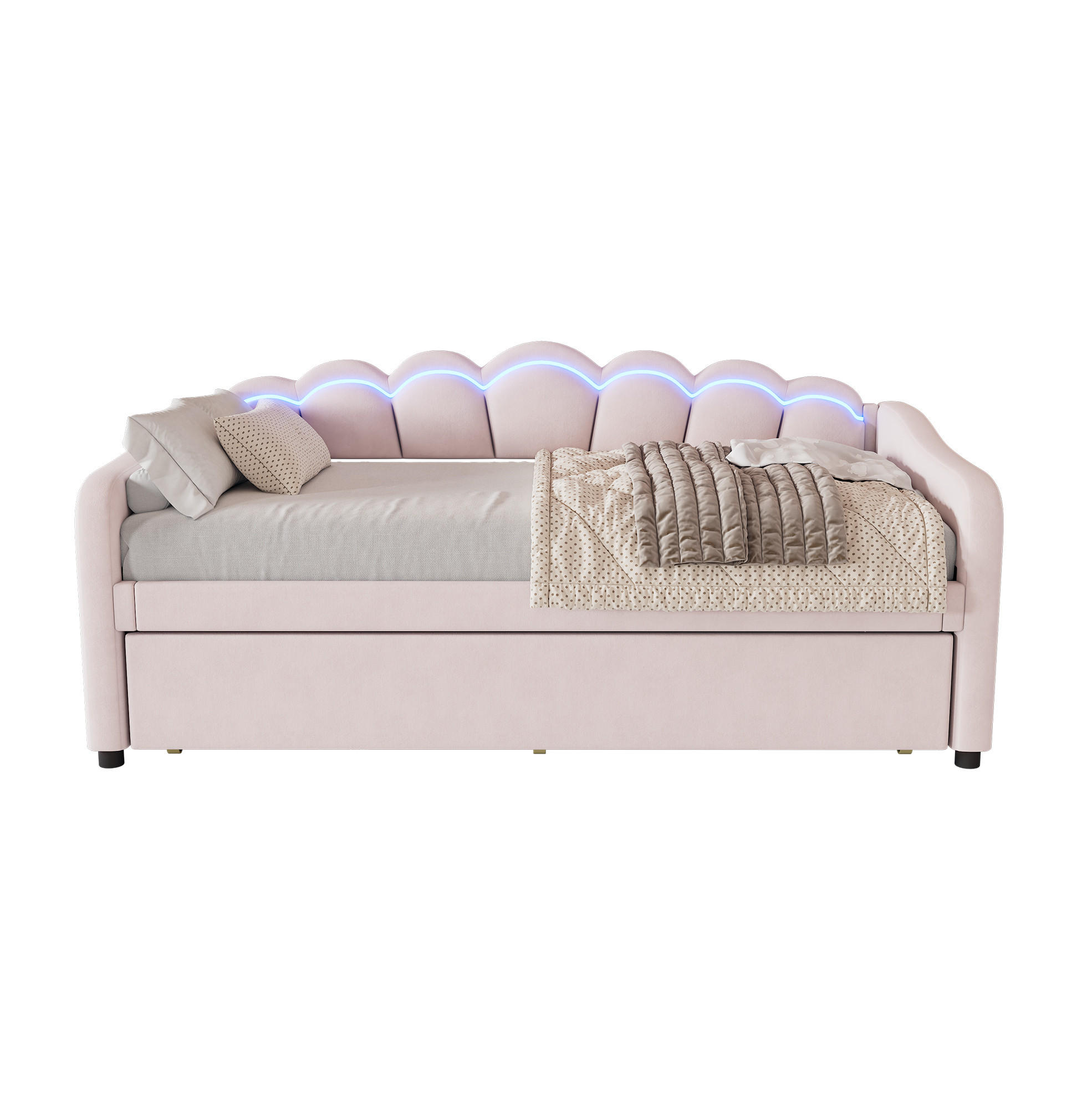 BETT 90/200 cm in Rosa mit Ausziehbett und LED-Kopfteil, inkl. Lattenrost - Rosa, Textil (90/200cm) - BEAOK