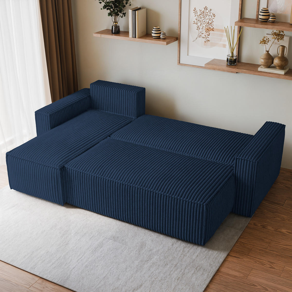 ECKSOFA RAVELO T Blau Kordstoff mit Schlaffunktion - Blau, Holz (240/140cm) - MASSENO