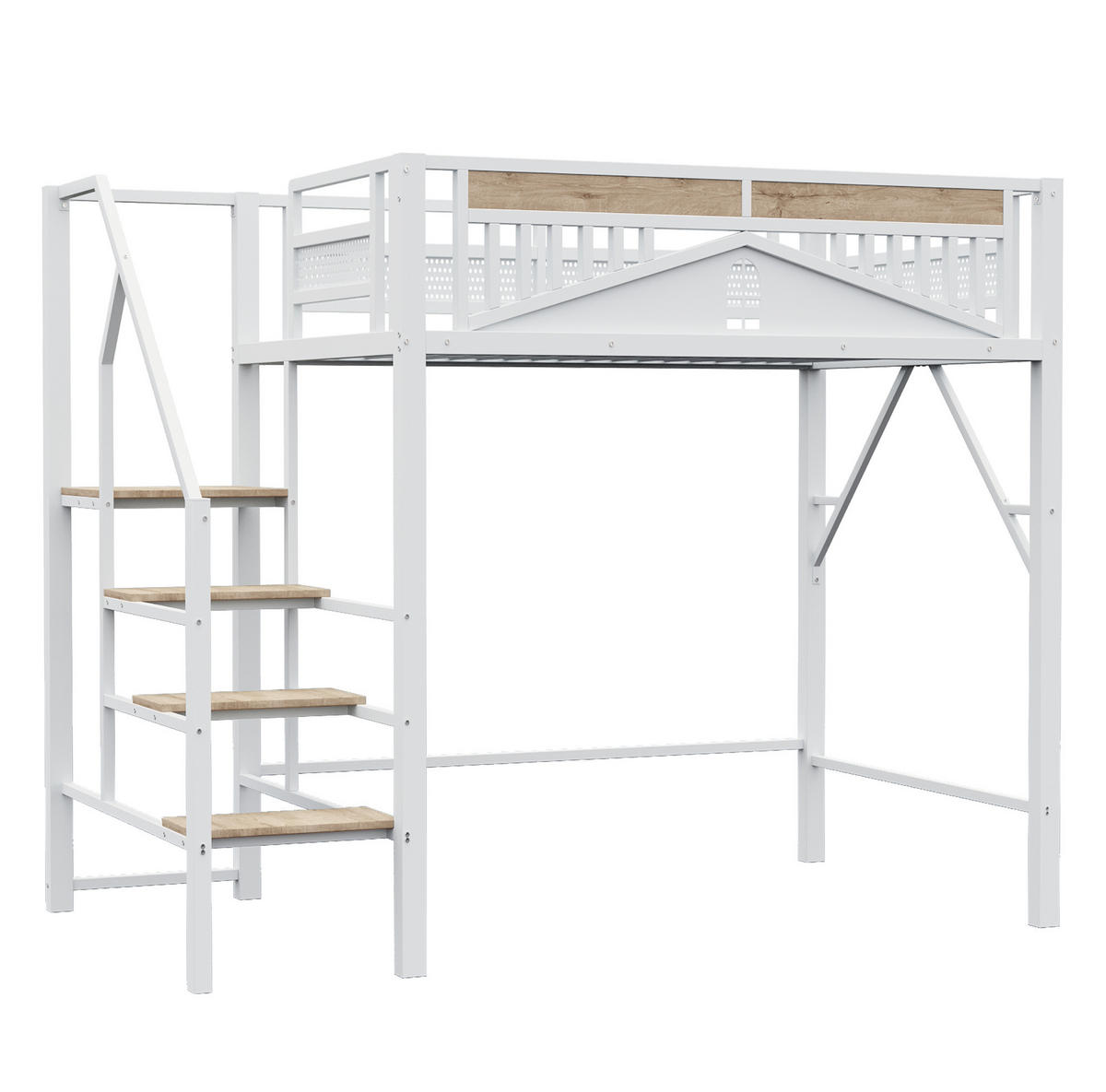 HOCHBETT 140/200 cm aus Metall und Holz mit Sicherheitsleiter, Stauraum und Fensterdesign, Weiß - Weiß, Metall (140/200cm) - Redom