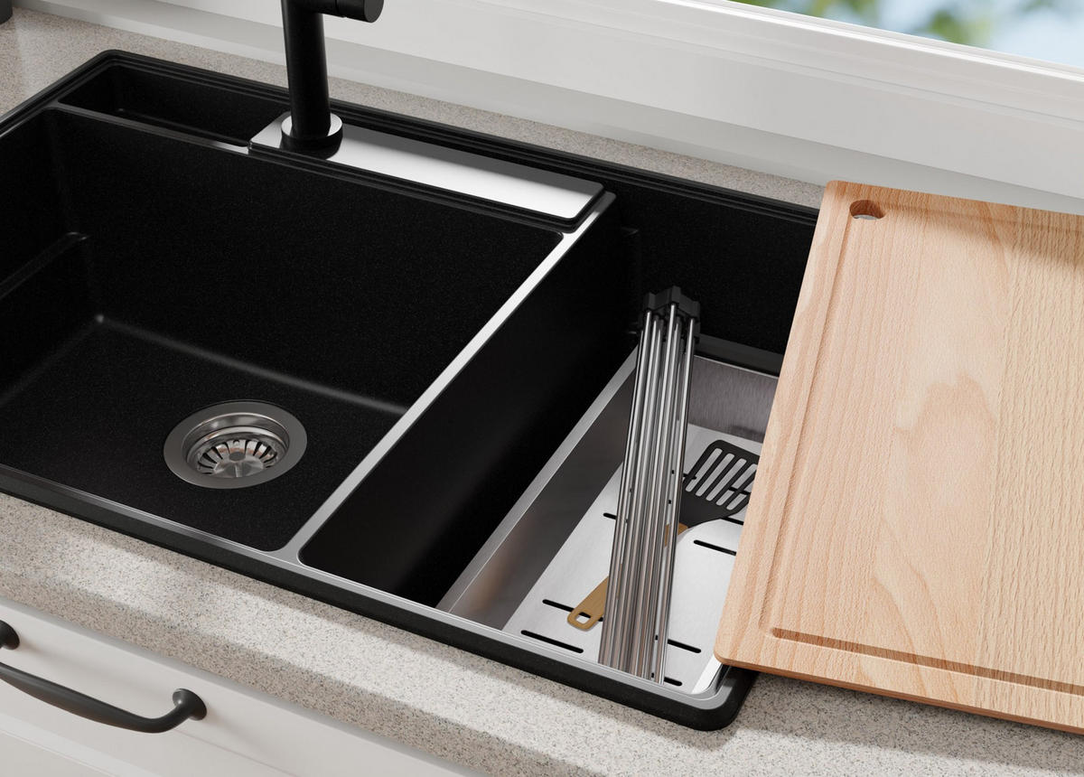 SPÜLBECKEN Paris, 2-er set Schwarz 78/53 cm 2 Becken + Ablauf-Set + Küchenzubehörset ab 80er Unterschrank - Chromfarben/Edelstahlfarben, Kunststoff (78/20/53cm) - Primagran