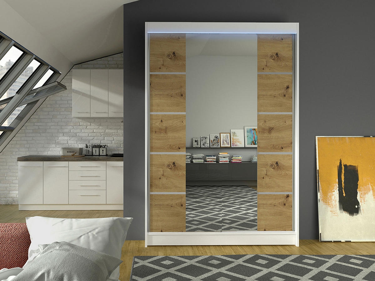 SCHWEBETÜRENSCHRANK Lino V mit RGB LED Beleuchtung - Weiß/Eiche Artisan, Holzwerkstoff/Metall (120/200/58cm) - MIRJAN24