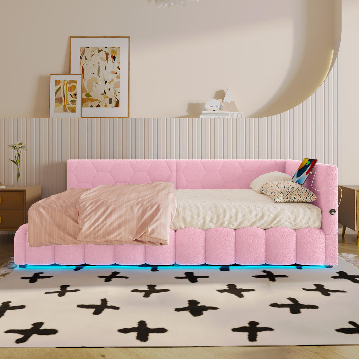 KINDERBETT 90x200cm mit Lattenrost (ohne Matratze)，mit LED-Lichtleiste- Rosa - Pink, Holz/Textil (90/200cm) - KOMHTOM