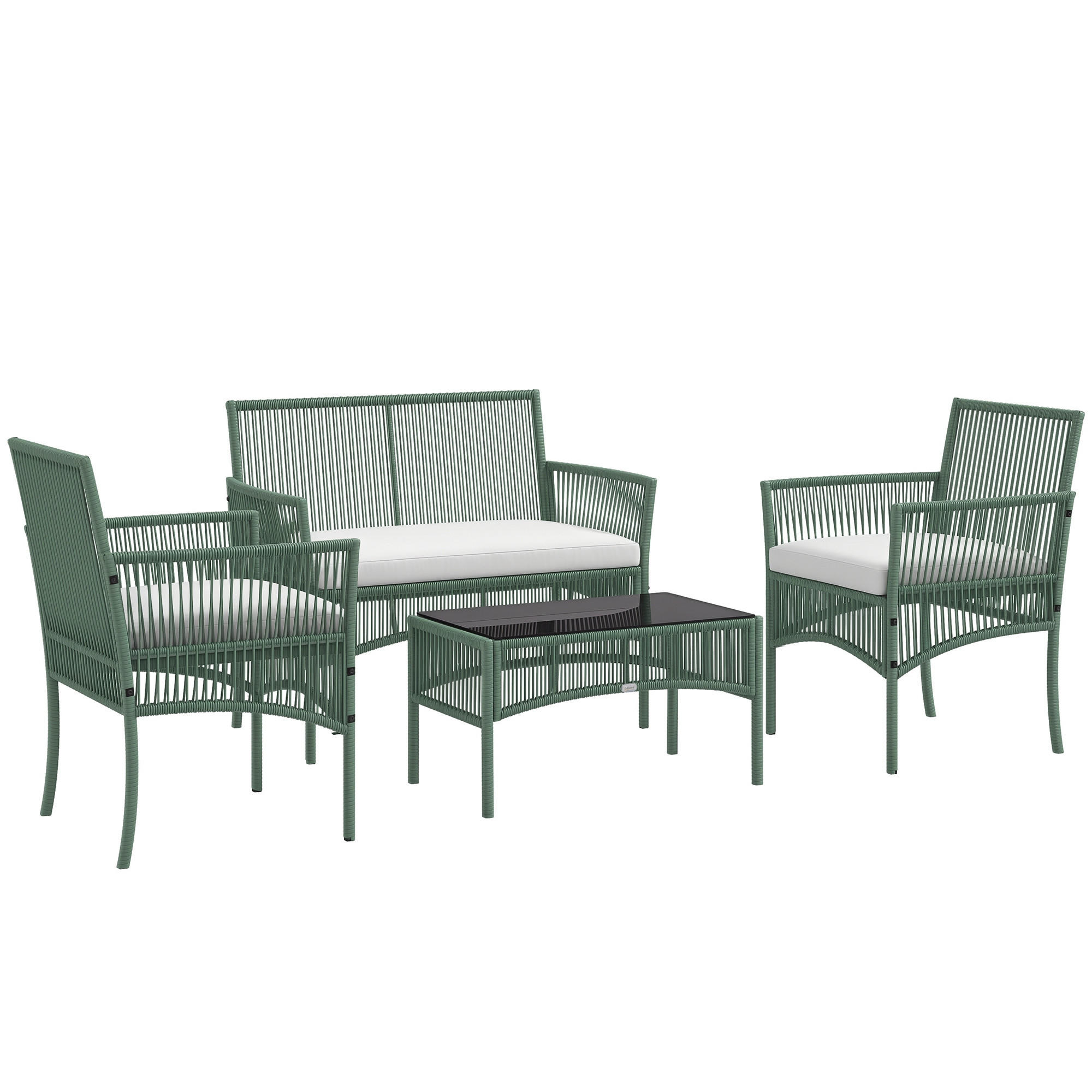 GARTENSET DE-13598 4-teilig mit Glastisch & 5 cm Kissen Natur - Grün, Metall - ComfortXL