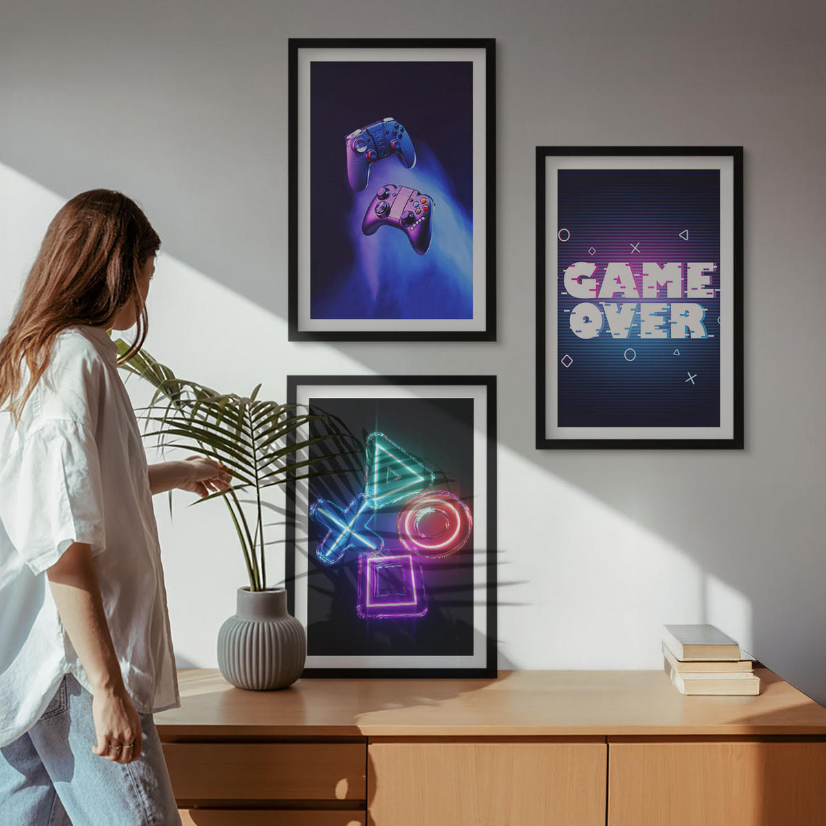 BILDER SET 3er Set - 40x60 cm Schwarzer Rahmen - Game Over Gamepads - Schwarz, Kunststoff (40/60cm) - TULUP