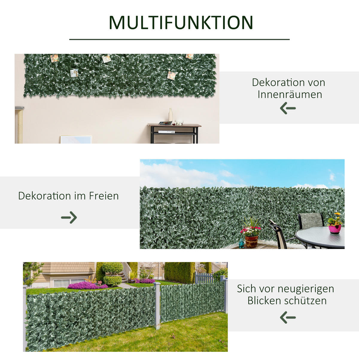KÜNSTLICHE Hecke Sichtschutz, Gartenzaun mit Künstlichen Blättern 2,4x1m - Grün, Kunststoff (1/100cm) - Outsunny
