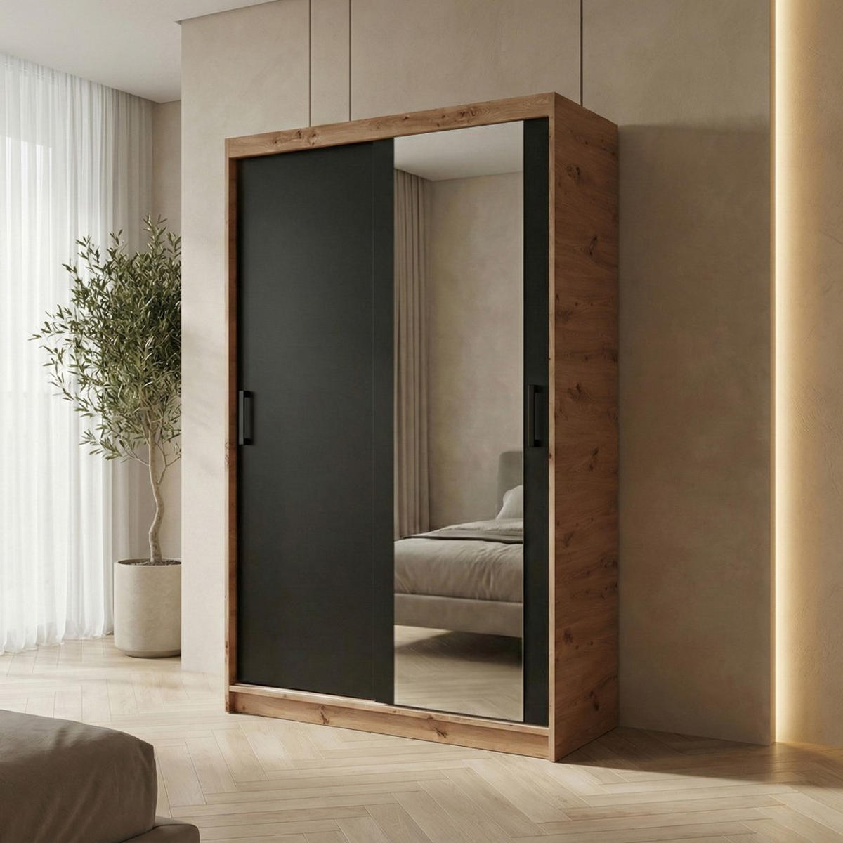 SCHWEBETÜRENSCHRANK Hela 100/205/60 2-türig eiche Artisan/schwarz mit Schubkasteneinsatz - Schwarz/Eiche Artisan, Holzwerkstoff (100/205/60cm) - Beautysofa