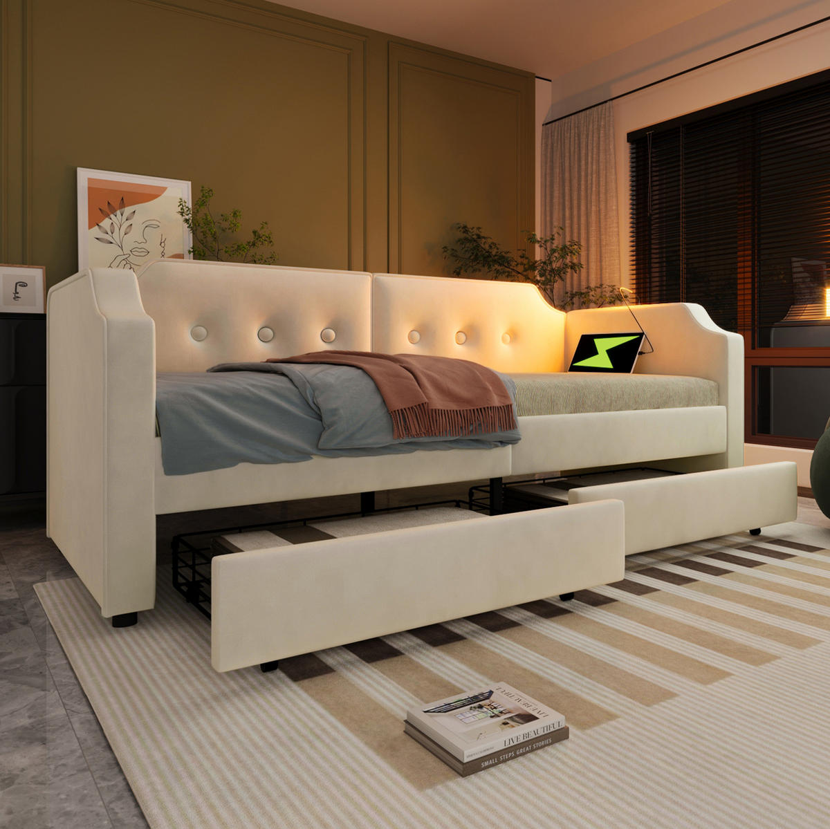 POLSTERBETT 90/200 cm mit USB/Type-C, Leselicht & 2 Schubladen, Samt Beige - Beige, Textil (90/200cm) - Redom