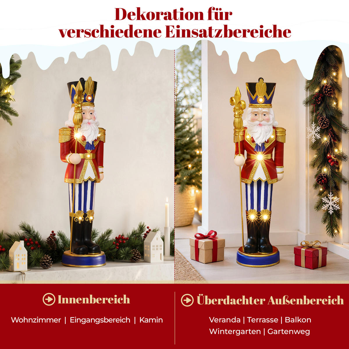 NUSSKNACKER Figur groß 61 cm, Weihnachtsdeko mit LED, Timer, MgO - Dunkelrot, Naturmaterialien (19.5/61/16.5cm) - Hometopia