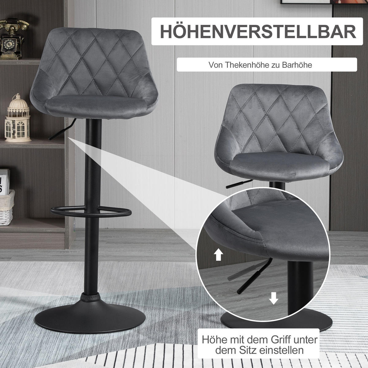 BARHOCKER 2er Set Höhenverstellbar Drehbar Barstühle mit Samtoptik, Dunkelgrau - Dunkelgrau/Schwarz, Textil/Metall (46/104/48cm) - HOMCOM