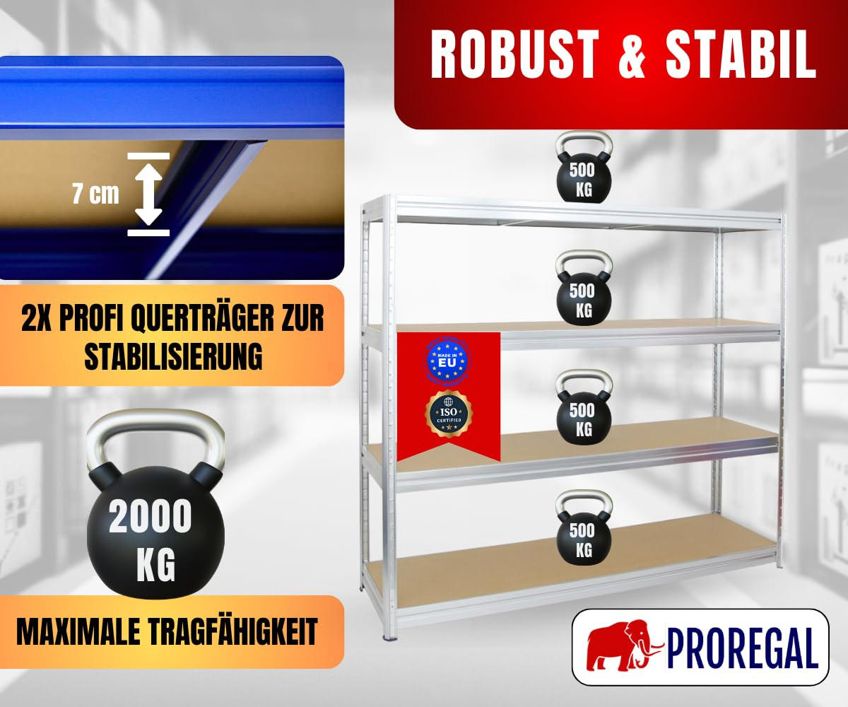 SCHWERLASTREGAL Dino 180x200x60 cm Fachlast 500 kg Verzinkt - Silberfarben, Metall (200/180/60cm) - PROREGAL