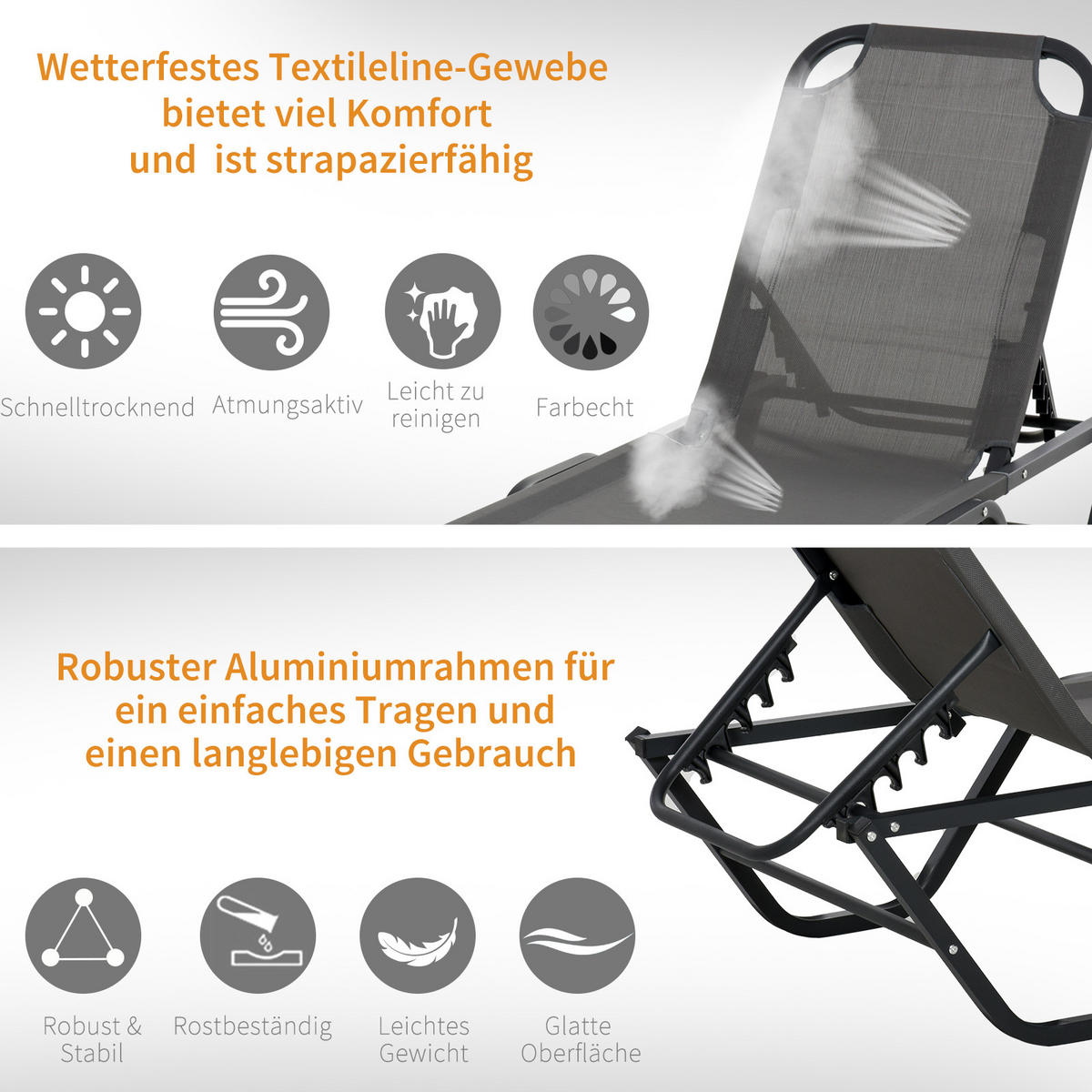 SONNENLIEGE - Grau, Textil/Metall (58.5/91/163cm) - Outsunny