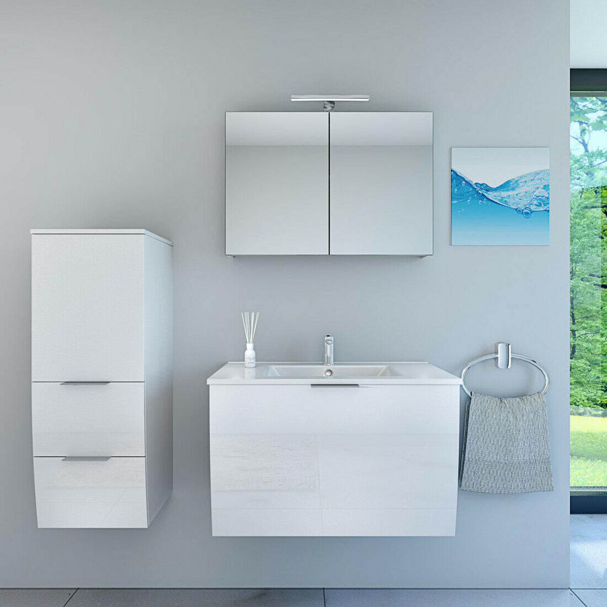 BADMÖBEL Set Gently 1 V2 L Weiß MDF Waschtisch 80cm - Weiß, Glas/Kunststoff (46/52/80cm) - AcquaVapore by Sandra Jentho
