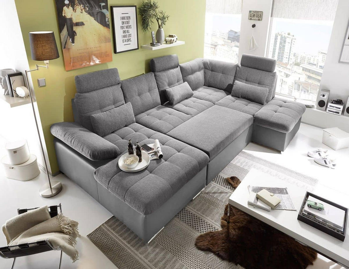 WOHNLANDSCHAFT mit Schlaffunktion und Bettkasten, Luxus-Webstoff - Grau, Textil (218/104/324cm) - ed exciting design