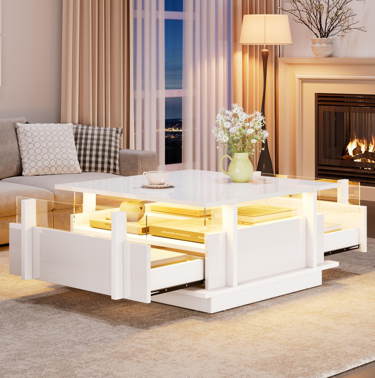 COUCHTISCH aus Spanplatte 70x70x35 cm in Weiß mit LED & 2 Schubladen - Weiß, Holzwerkstoff (70/70/35cm) - Modfu