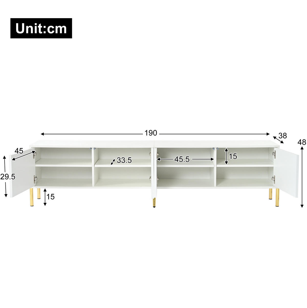 TV-SCHRANK in Weiß mit 4 Türen und goldfarbenen Füßen 190/38/48 cm - Weiß, Holzwerkstoff (190/48/38cm) - Redom