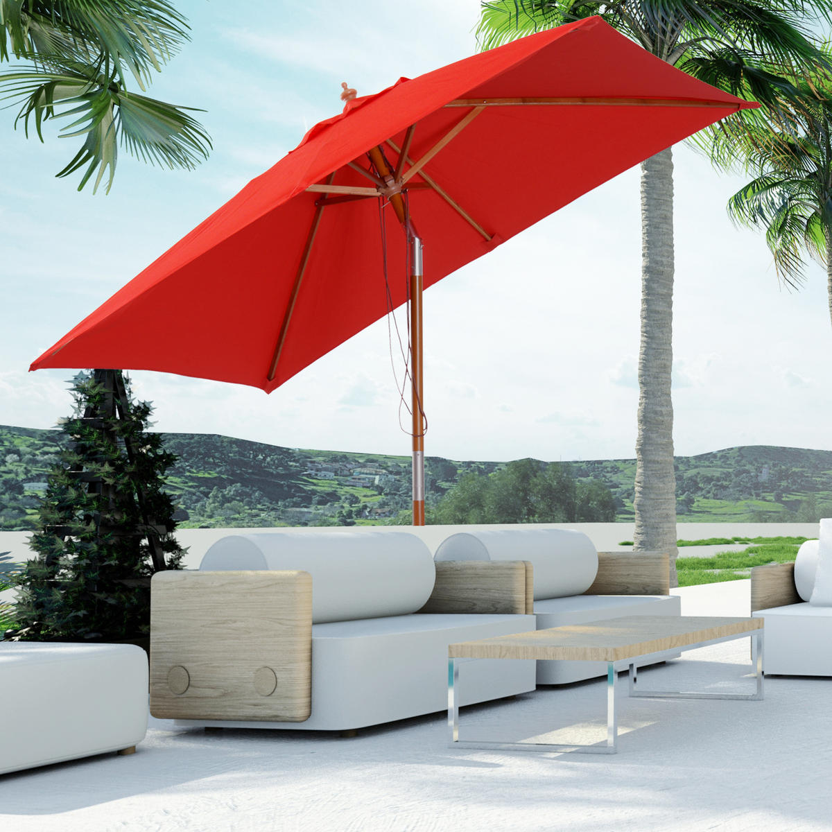 SONNENSCHIRM DE-11360 rechteckig, neigbar, Holz Rot - Rot, Holzwerkstoff (150/200cm) - ComfortXL