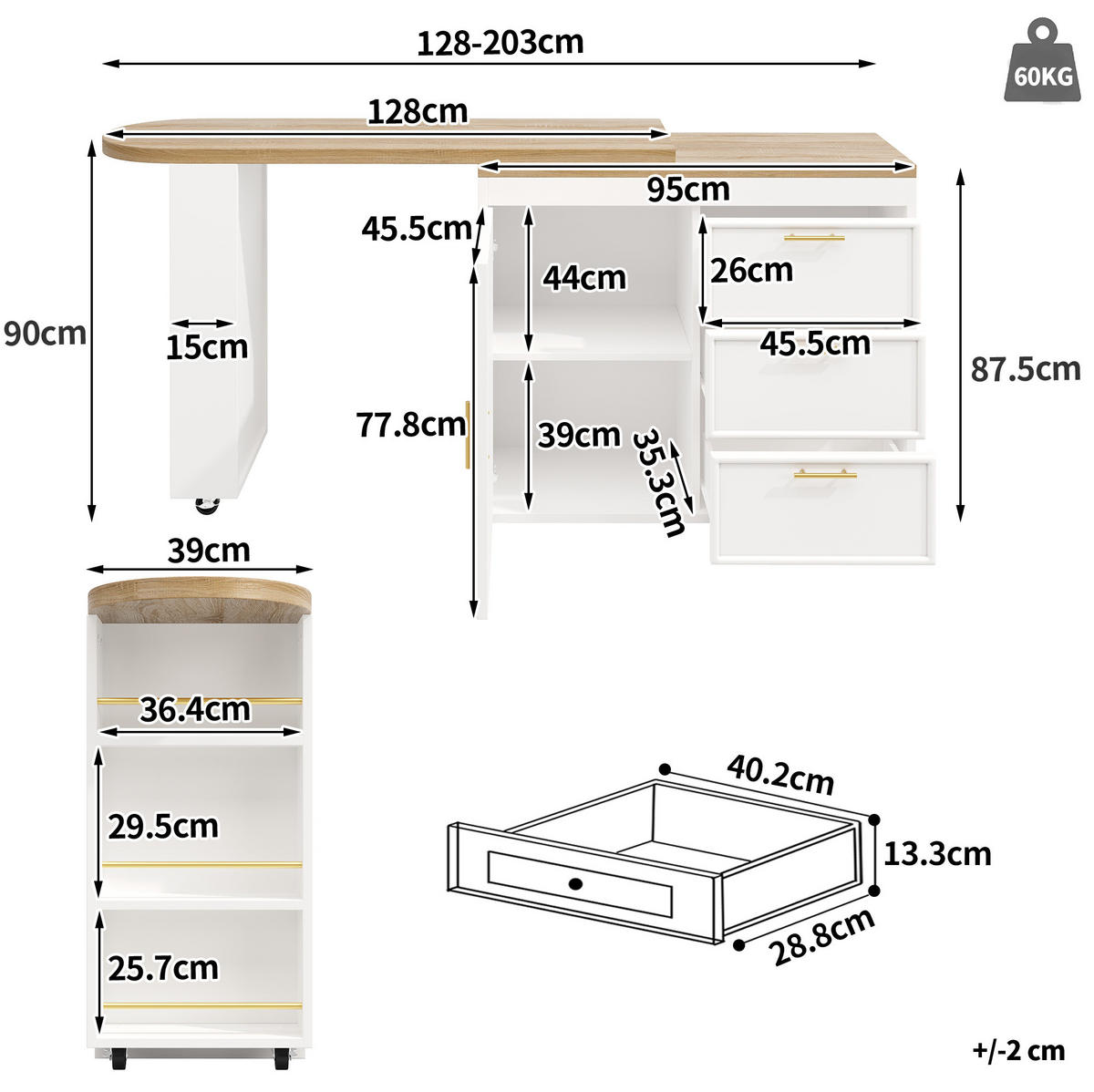 BARTISCH mit 360°-Drehfunktion 128-203x39x90 cm MDF Metall Weiß - Weiß, Metall (203/39/90cm) - Meubliv