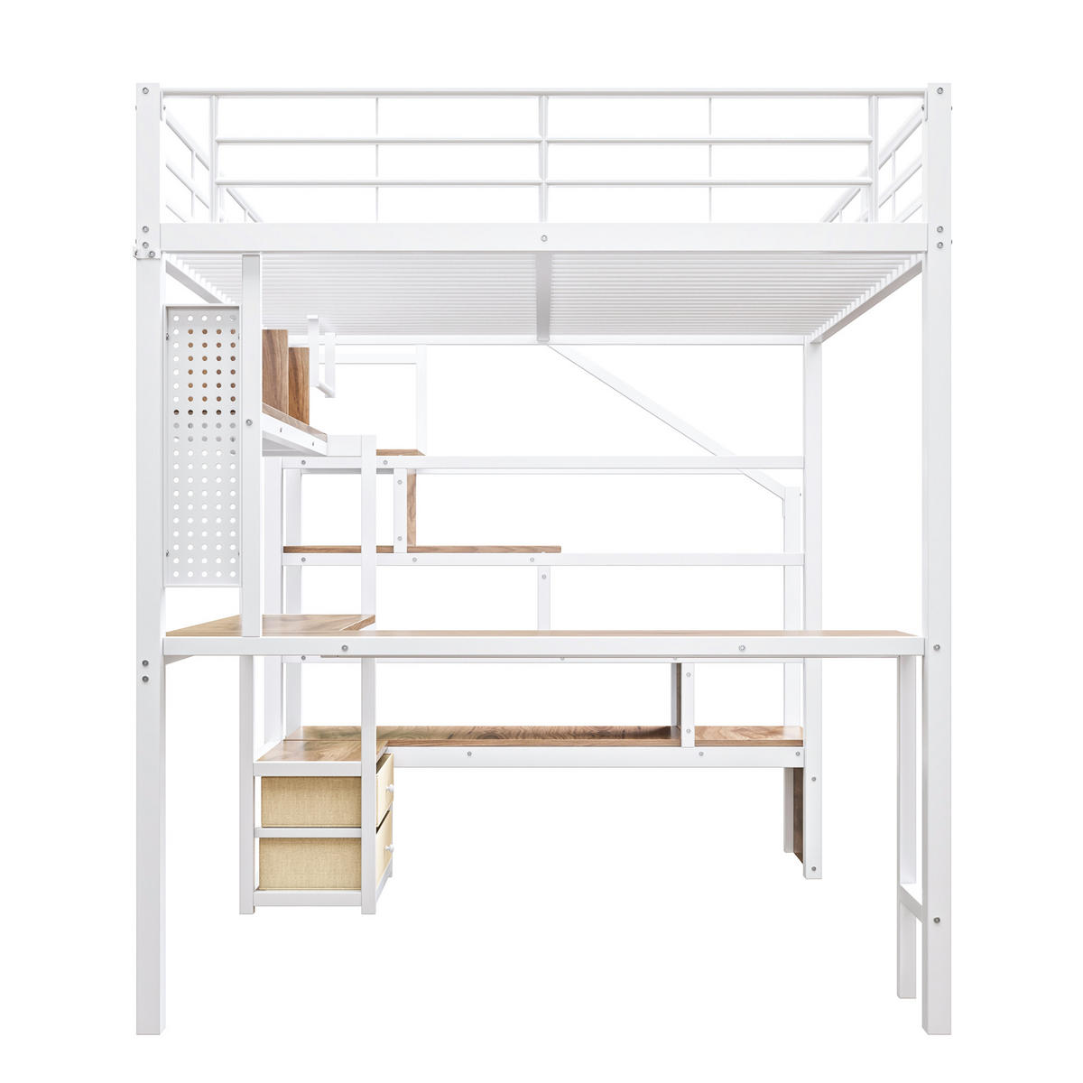 HOCHBETT 140/200 cm mit Eisenrahmen Weiß, Schreibtisch, Stauraumtreppe und LED-Licht - Weiß, Metall