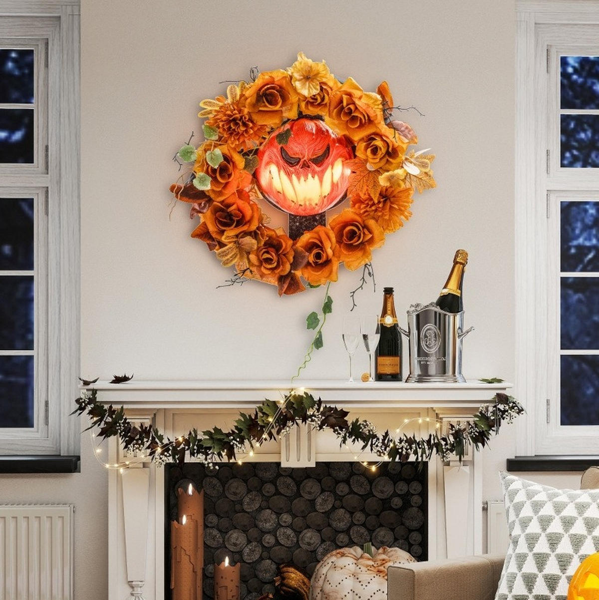 HALLOWEEN-DEKORATION 44/9/44 cm orange aus Stahl mit 44 LEDs - Orange, Metall (9/44/44cm) - OKWISH
