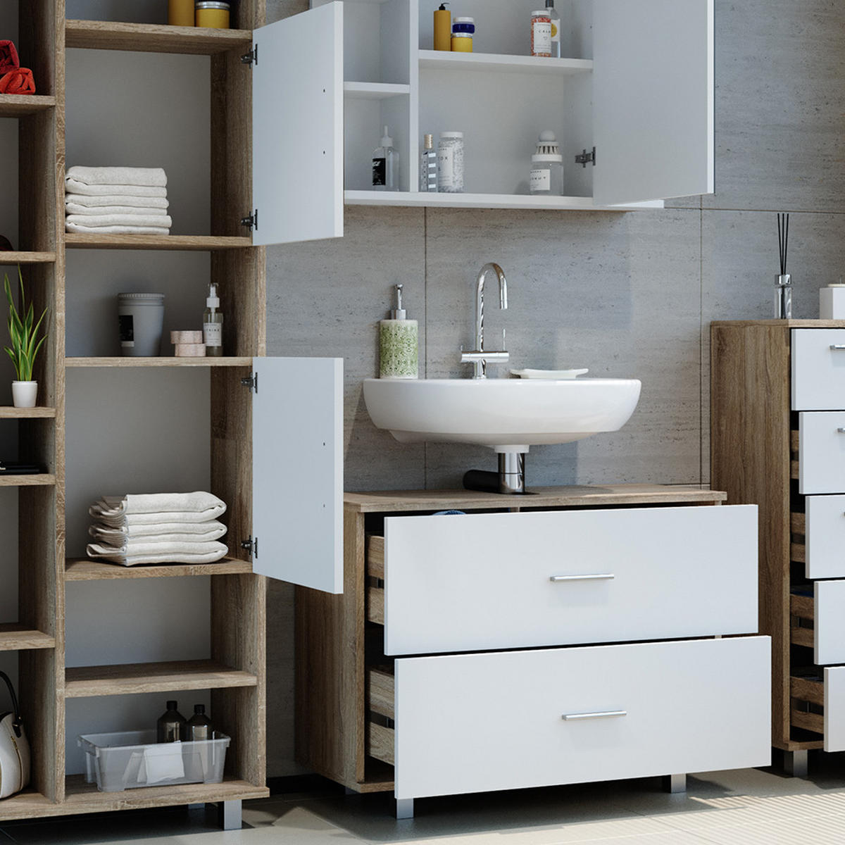 BADMÖBEL-SET Ilias Weiß/Sonoma 4 Teile, mit Hochschrank - Weiß/Sonoma Eiche, Holzwerkstoff (80.2/60.8/33cm) - Vicco