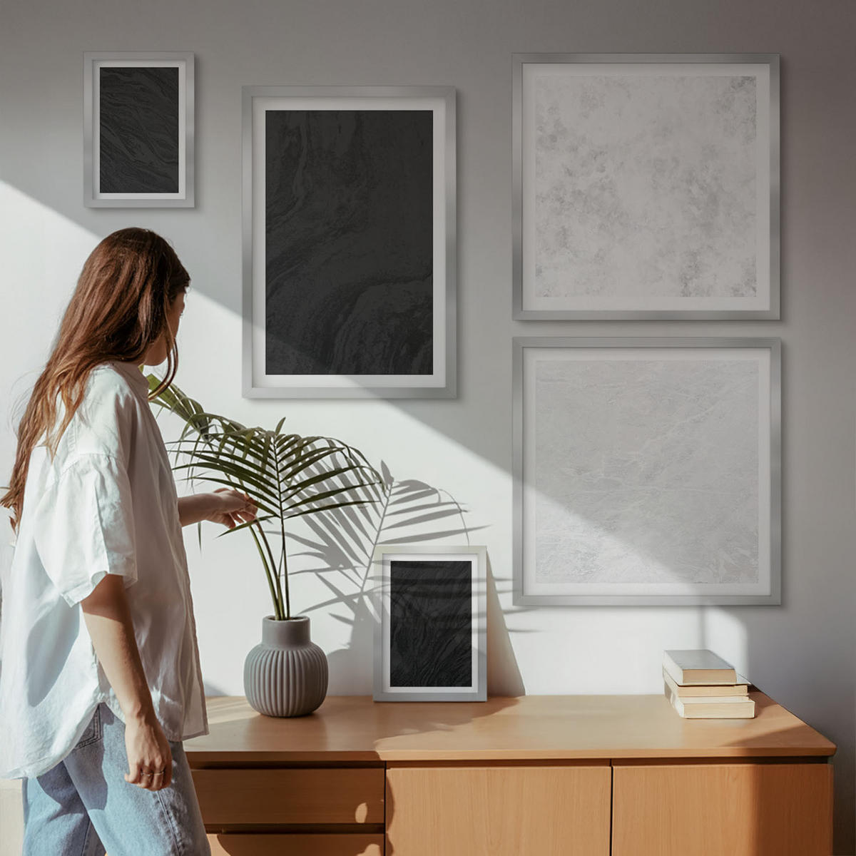 WANDBILDER 5er Set - 50x50 cm & 20x30 cm & 40x60 cm Silberner Rahmen - Dunkles Licht, glamouröse Marmor - Silberfarben, Kunststoff (40/60cm) - ArtPrintCave