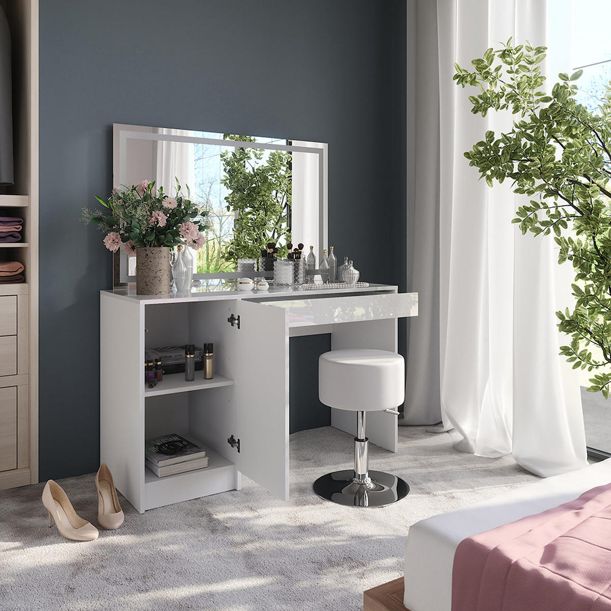 SCHMINKTISCH Sherry Weiß/Weiß Hochglanz 119.8 cm mit LED-Spiegel und Hocker - Weiß Hochglanz, Holzwerkstoff (119.8/76/50.1cm) - Vicco