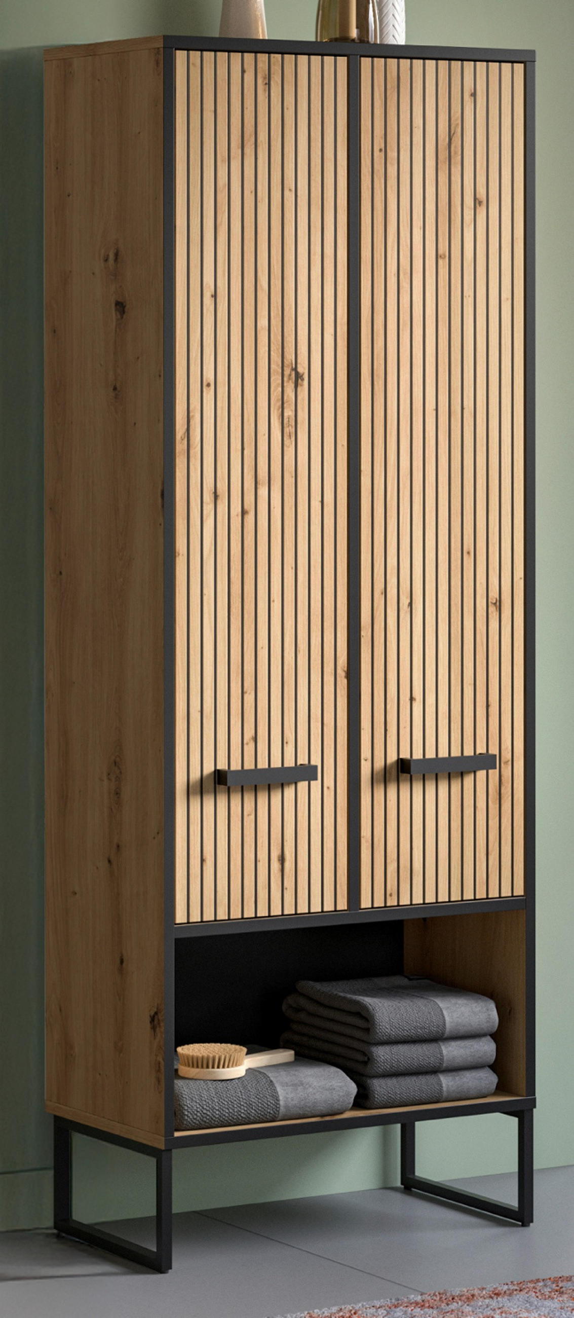 HOCHSCHRANK Eiche Artisan, schwarz 59 cm, Badezimmer Schrank mit Soft-Close - Schwarz/Eiche Artisan, Holzwerkstoff/Kunststoff (59/159/32cm) - Inn.Furn