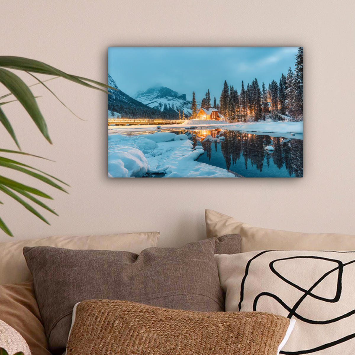 LEINWANDBILD Winterlandschaft - Natur - Haus - Berge - Schnee Deko Schlafzimmer 30x20 cm - Hellblau, Textil (30/20cm) - MuchoWow