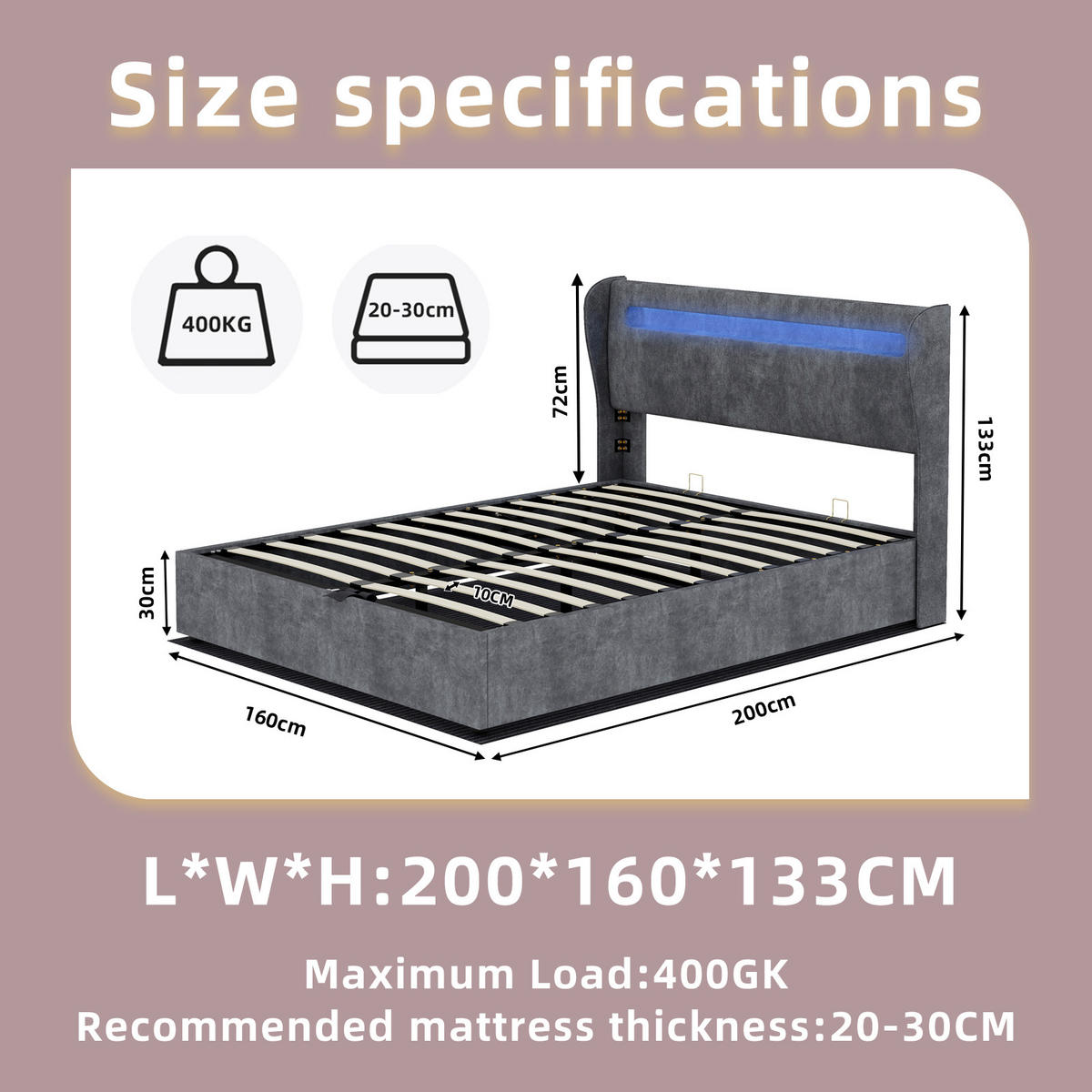 STAURAUMBETT 160/200 cm mit LED und Gaslift-Stauraum, DE-41911, in Grau - Grau, Metall (160/200cm) - ComfortXL