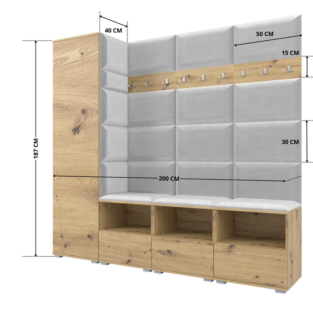 GARDEROBE NELA IX 200 cm (Modulare Flurmöbel Artisan Eiche mit Sitzpolster Hellgrau 32 Breite Sitzbank) - Silberfarben/Hellgrau, Holz/Holzwerkstoff (200/187/40cm) - Ravio