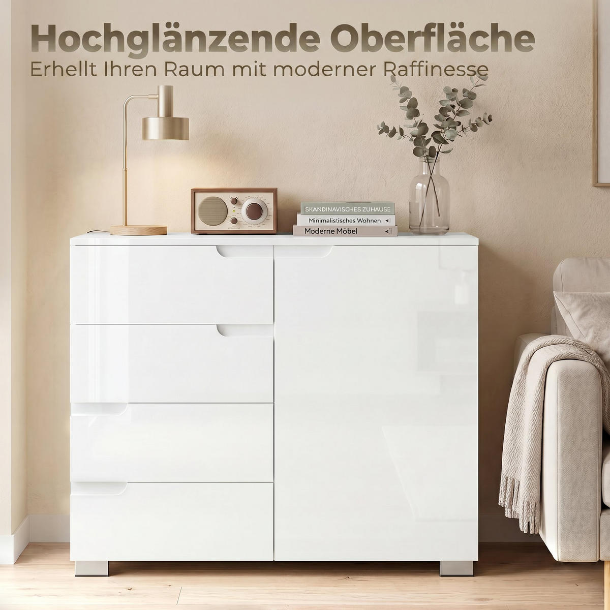 SIDEBOARD Weiß Hochglanz, 4 Schubladen, 1 Tür, 100/40/80 cm - Weiß Hochglanz, Holz (100/80/40cm) - PANGIVO