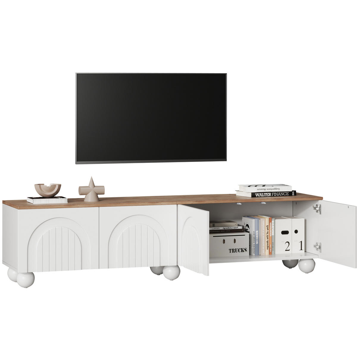TV stolek 180/40/45 cm s úložným prostorem, 4 dvířky a 6 kovovými nohami, Bílá a dub - bílá, kompozitní dřevo (180/45/40cm) - Redom