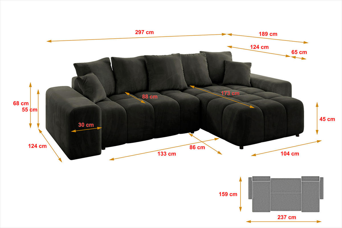 ECKSOFA Ottomane rechts ENIL-L 297x189x68 Schwarz Velours - Schwarz, Holzwerkstoff/Kunststoff (189/297cm) - ALTDECOR