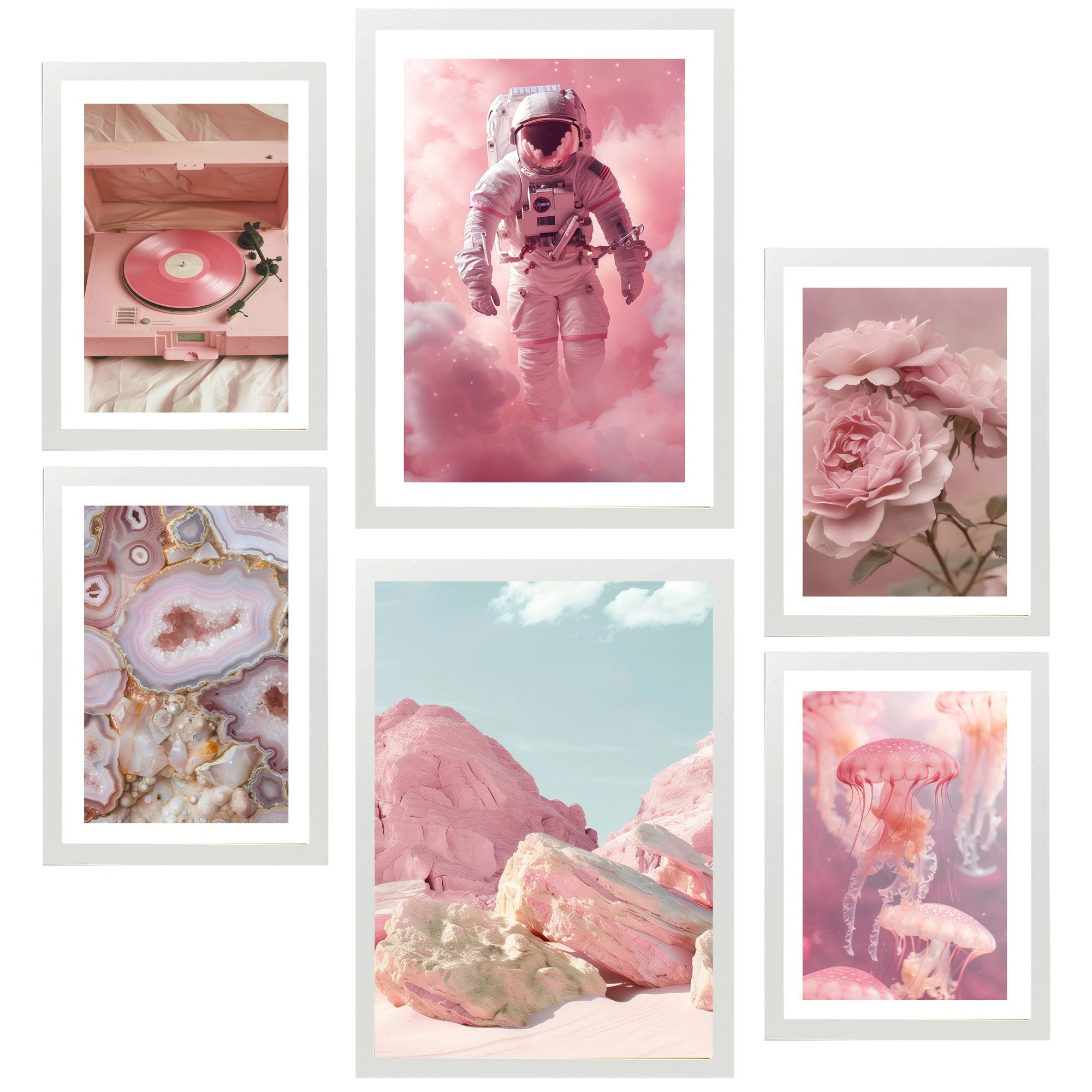 POSTER Set Mit 6 Kunst In Rosa A3 & A4 Weißer Rahmen - Weiß, Papier (29/3cm) - Nacnic