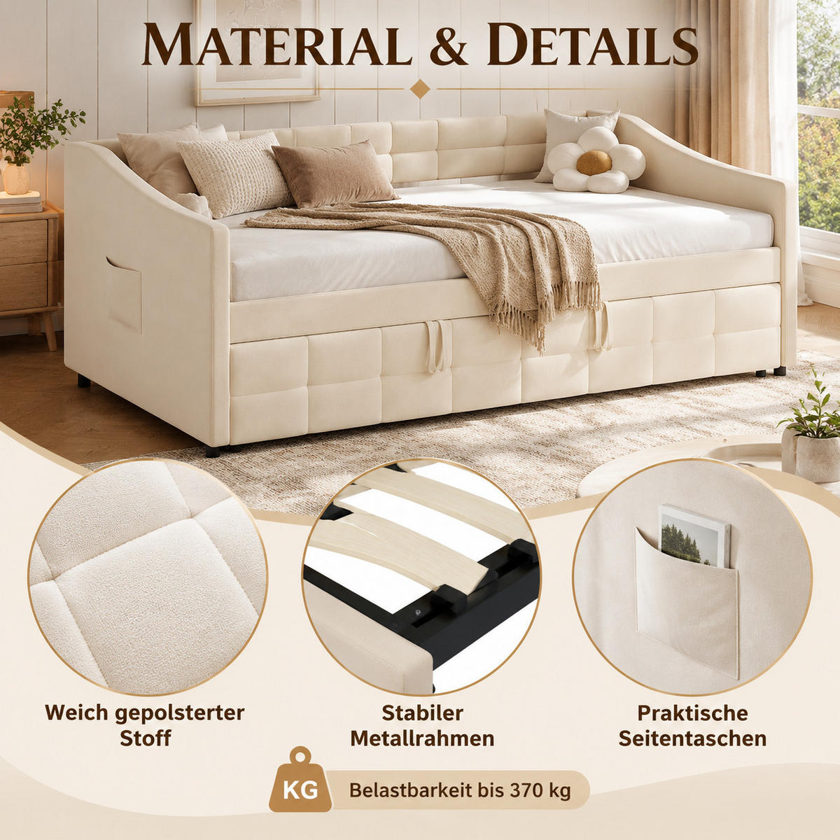SCHLAFSOFA 200cm breit, Schlafsofa mit ausziehbarer Liegefläche - Beige, Metall (193.5/75/215cm) - Joyfair