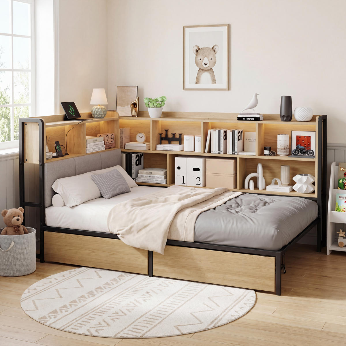 POLSTERBETT 90/200 cm in Natürlich mit 2 Schubladen, LED-Beleuchtung und USB-/Type-C-Ladeanschlüssen - Naturfarben, Metall (90/200cm) - Oxeza