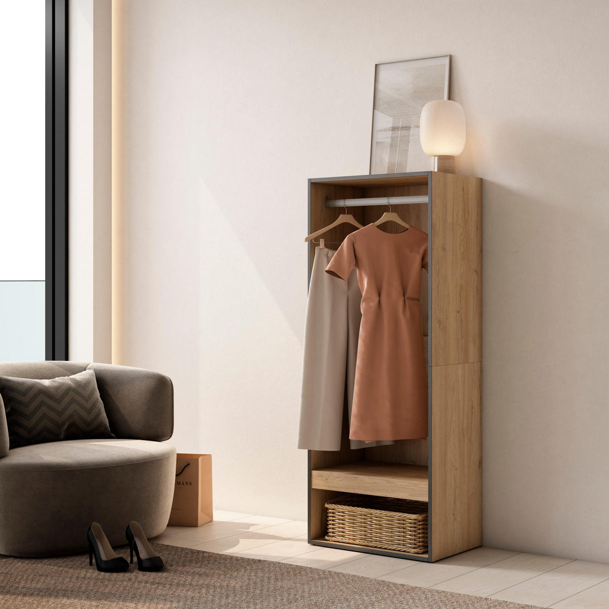 OFFENER KLEIDERSCHRANK, Garderobenschrank, eiche, 35/60/145cm - Eichefarben, Holzwerkstoff (60/145/35cm) - Skraut Home