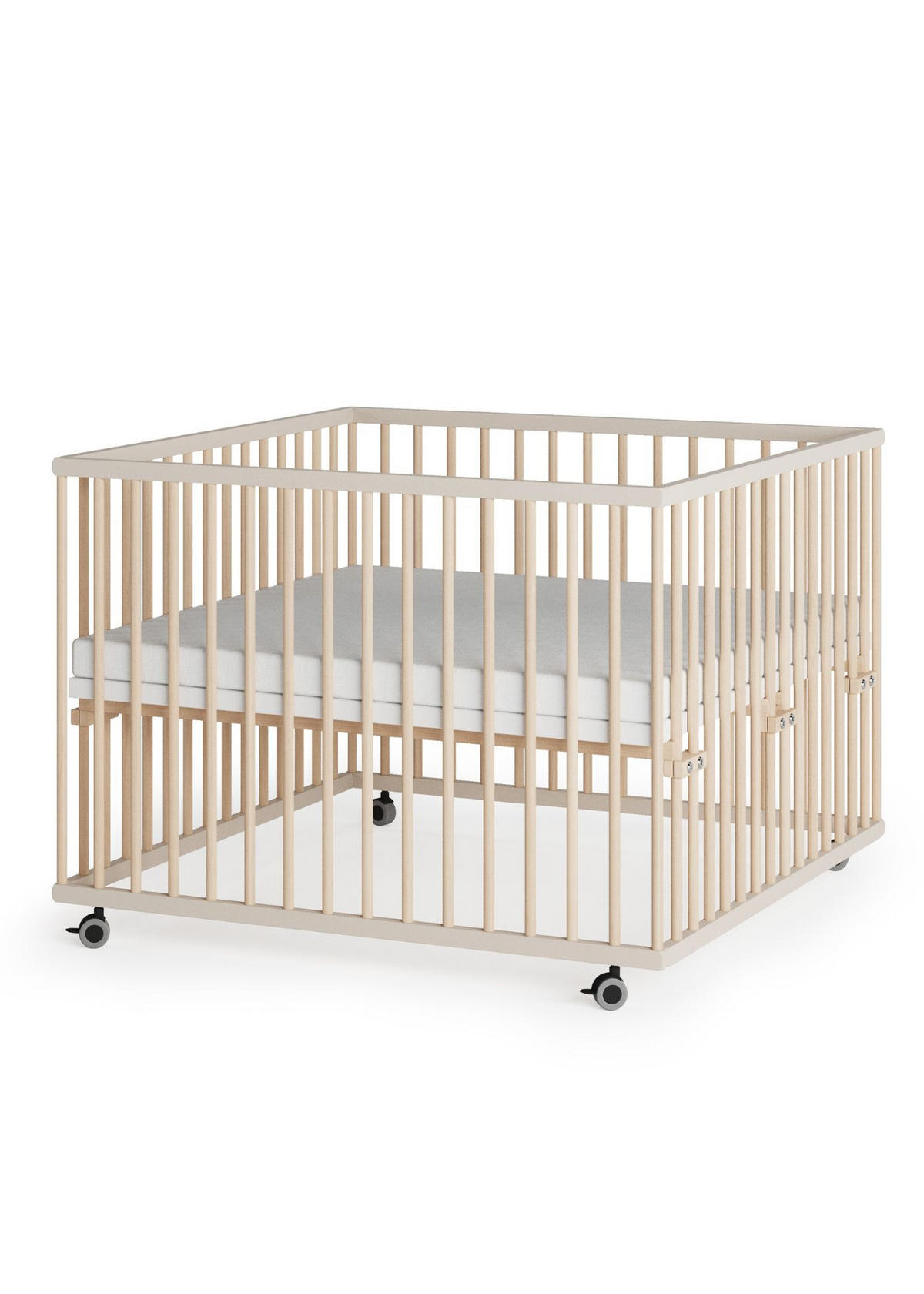 LAUFGITTER 100x100 cm mit Matratze & Schlupfsprossen - sahara dust/natur - Premium Kollektion - Sandfarben/Naturfarben, Holz (100/74/100cm) - Sämann – make a difference.