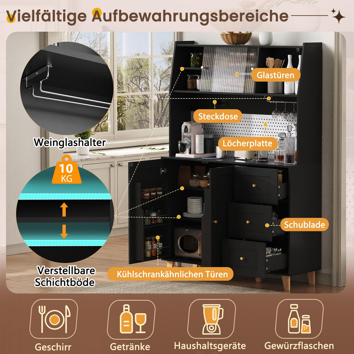 KÜCHENOBERSCHRANK 120/40/184 cm in Schwarz mit Schubladen, Steckdosen und Fluted Glas - Schwarz, Holzwerkstoff (120/184/40cm) - BEAOK