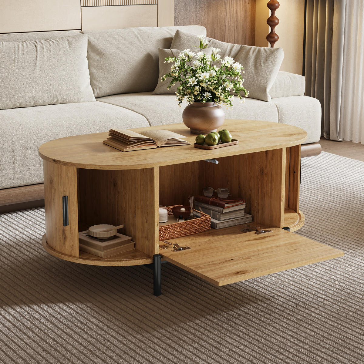 COUCHTISCH in Holzoptik Ovaler Wohnzimmertisch mit Schiebetüren und Stauraum, B100/T50H40(cm) - Schwarz/Naturfarben, Holzwerkstoff/Metall (50/100/40cm) - STILVORA