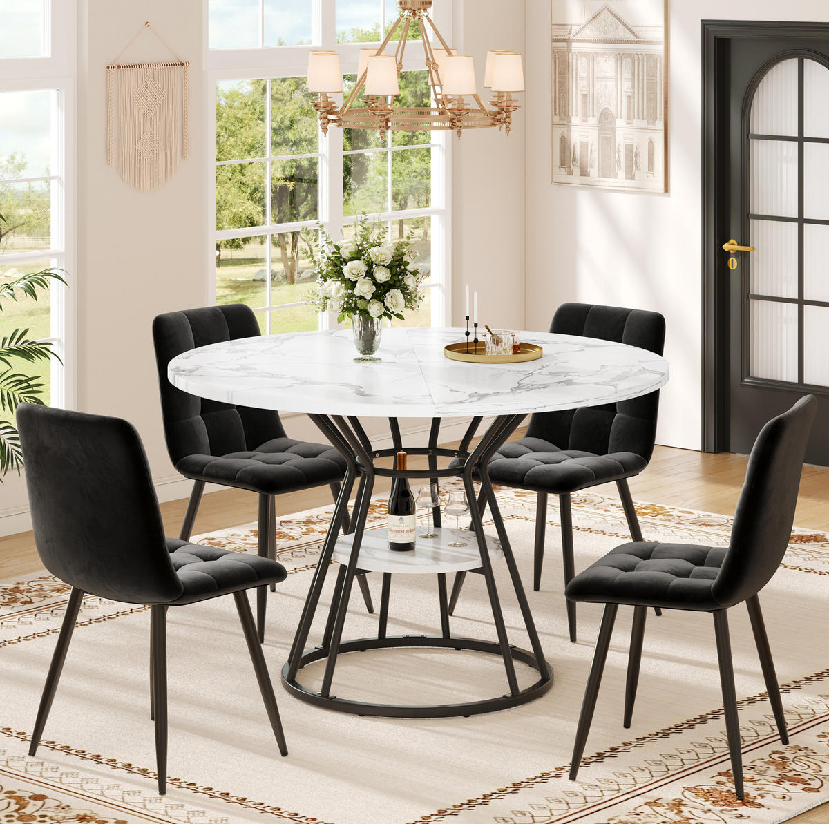 ESSTISCH 100x100x76 cm in Schwarz aus MDF mit Marmoroptik und Metallgestell mit Ablage - Schwarz, Holzwerkstoff (100/100/76cm) - Modfu